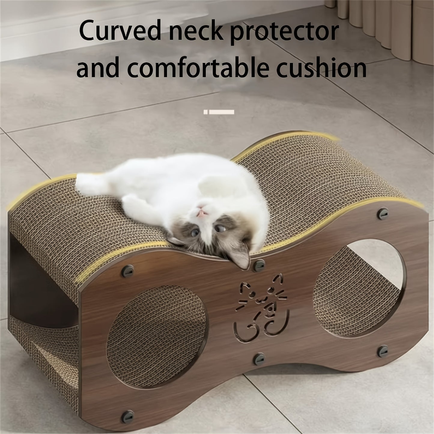 Durable Walnut Wood Cat Scratcher Lounge Cozy All Season Kitty Play Sofa and Bed with Non Shedding Woven Nest and Integrated Scratch Pad