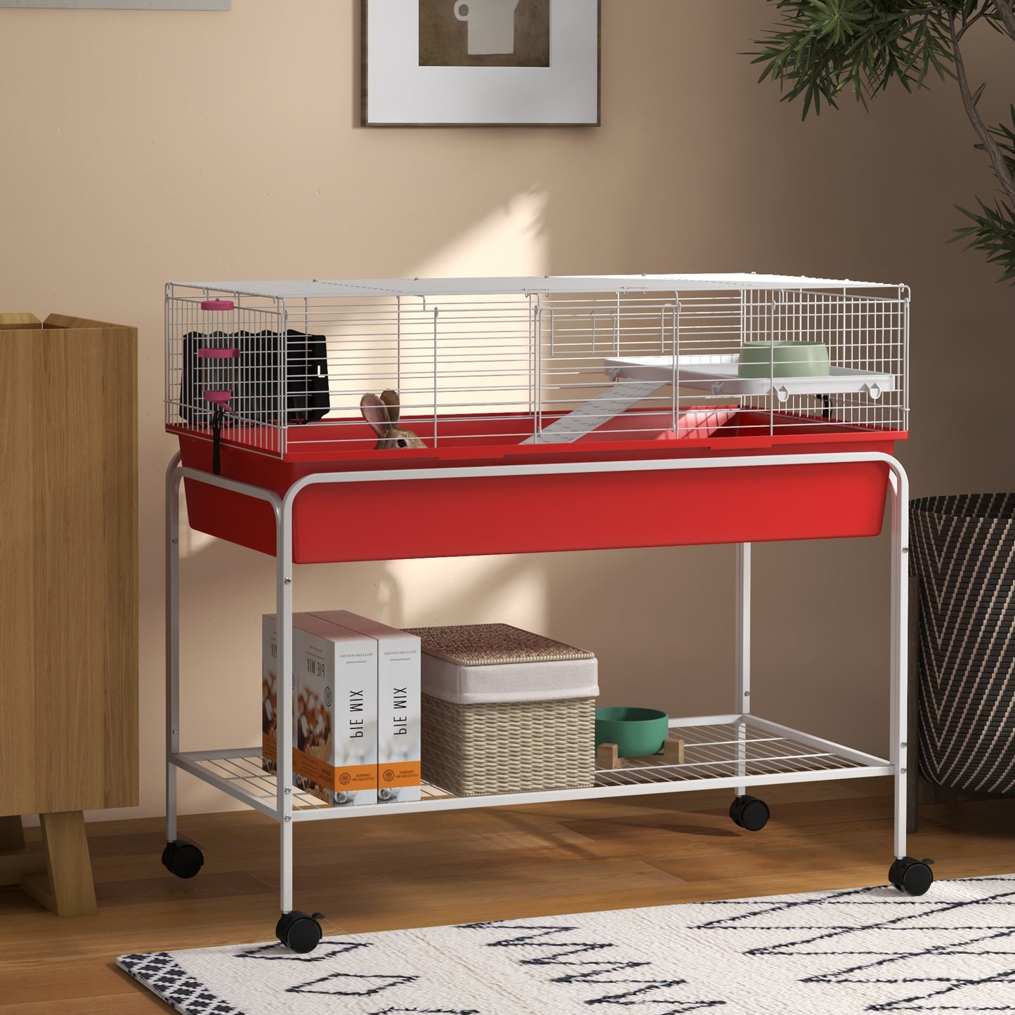 PawHut Two Story Small Animal Cage Removable from Stand Guinea Pig Hedgehog Chinchilla Ferret with Shelf and Wheels Pet Habitat
