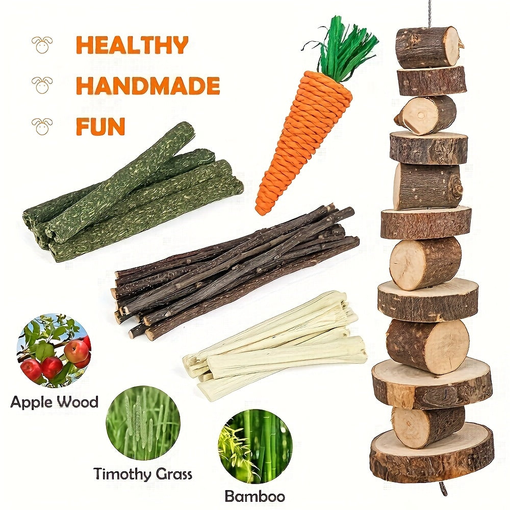 Teddy Baby Rabbit Toys Natural Timothy Hay Chews Apple Wood Sticks for Guinea Pig Hamster Chinchilla and Rat