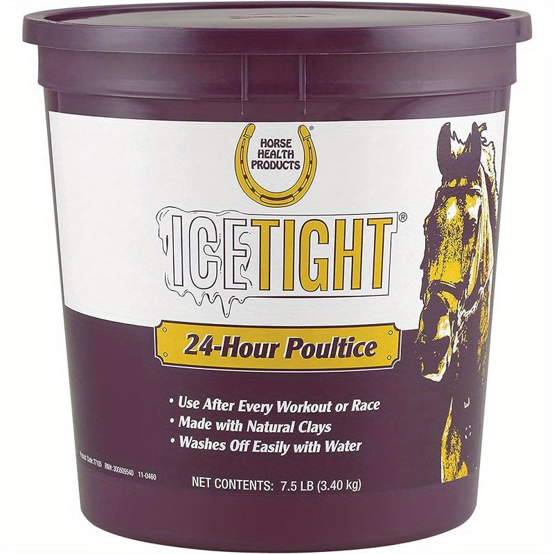IceTight 24 Hour Poultice for Horses 7.5 lbs Fast Acting Natural Clay Based Easy to Wash Off Ideal for Workouts and Races White and Purple Design with Horse Silhouette Horse Grooming Supplies Equine Care