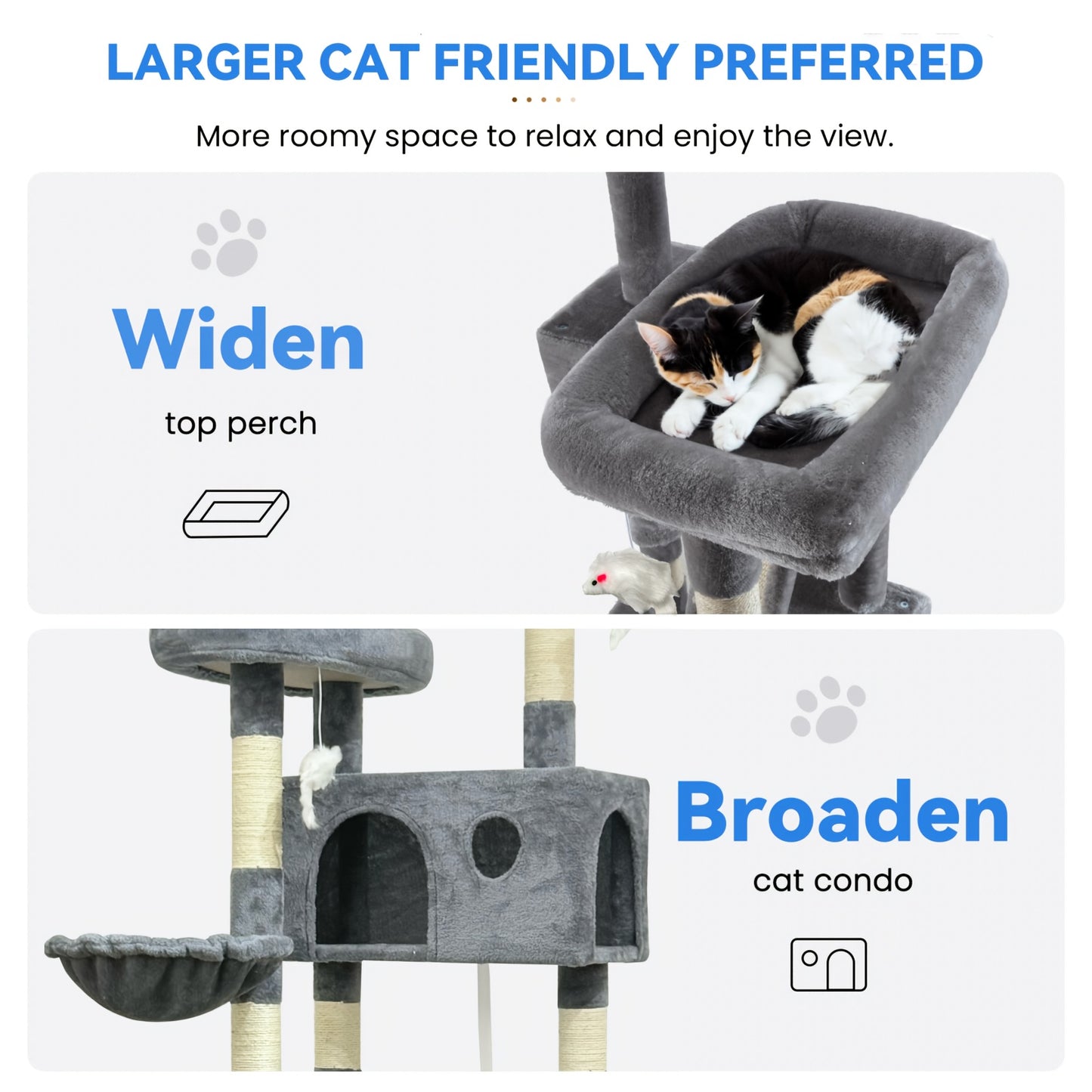 Large Deluxe Cat Tree Tower Multi-level Indoor Cat Condo Sisal-covered Scratching Posts Padded Perches Hammocks Secret Cat Den Plush Mouse Climbing Rope Stable Anti-tilt Design