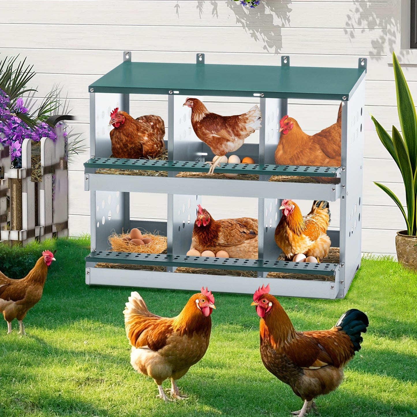 Chicken Nesting Box for Laying Eggs Roll Out Metal Laying Box with Perch and Legs