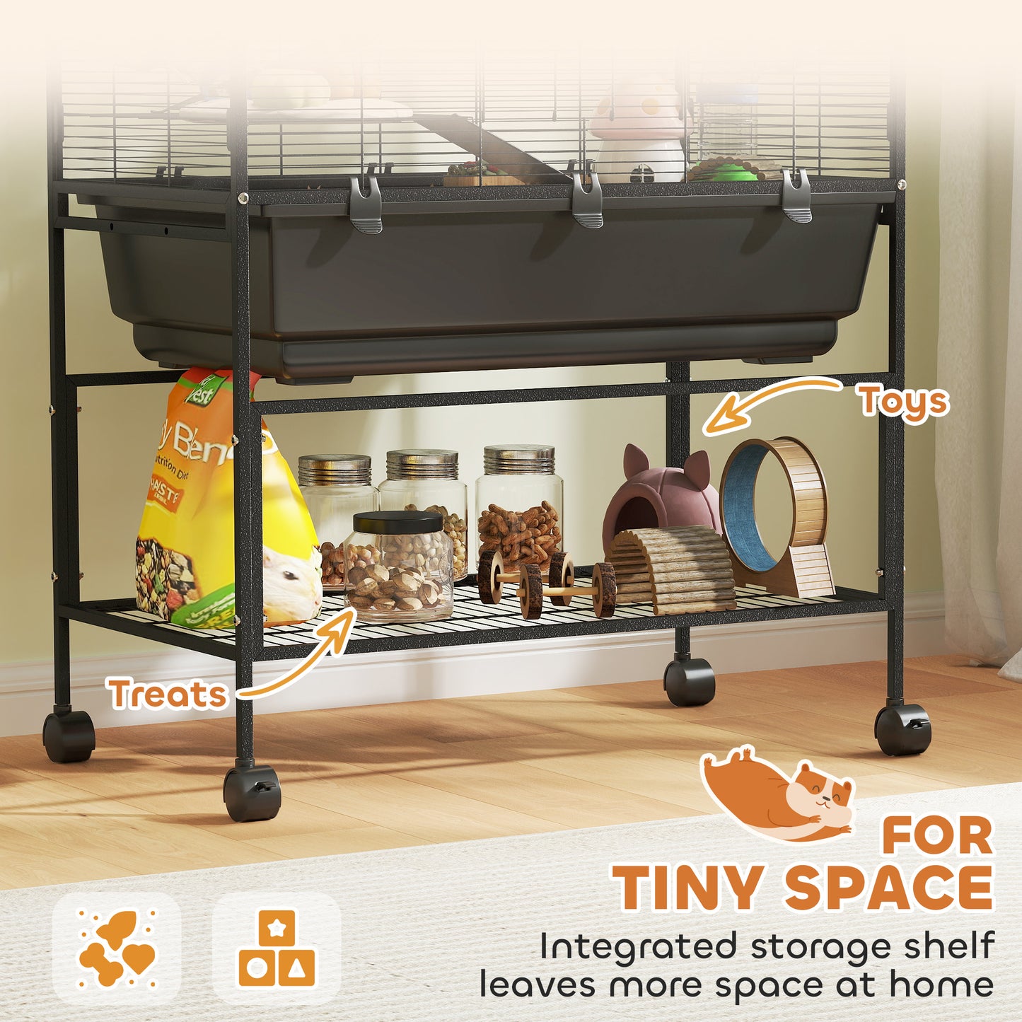 Hamster Cage with Deep Tray 3 Tier Rolling Rat Cage with Storage Shelf Big Exercise Wheel Tube System Hut Platforms Ramps Food Dish Water Bottle for Syrian Gerbil Mouse