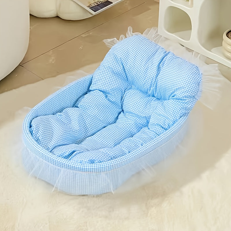 All Season Pet Bed for Dogs and Cats Checkered Small Bed with Soft Plush Fabric Washable and Detachable Pet Mat Non Sticky to Fur Easy to Clean Ruffle Details Cozy Sleeping for Indoor Cats and Small Dogs