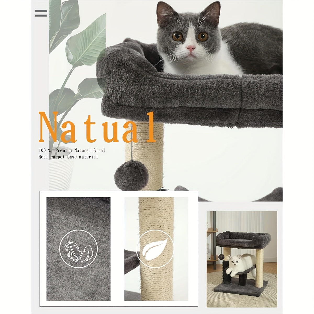 Multi Level Cat Tree Tower with Scratching Posts Plush Perch and Dangling Ball Indoor Activity Center for Cats Gray and Beige Design Durable Polyester Material