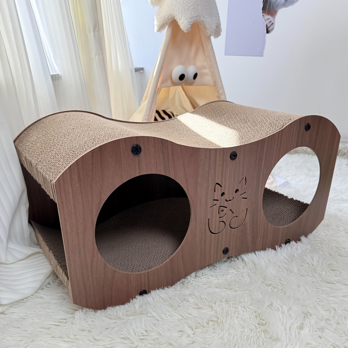Durable Walnut Wood Cat Scratcher Lounge Cozy All Season Kitty Play Sofa and Bed with Non Shedding Woven Nest and Integrated Scratch Pad