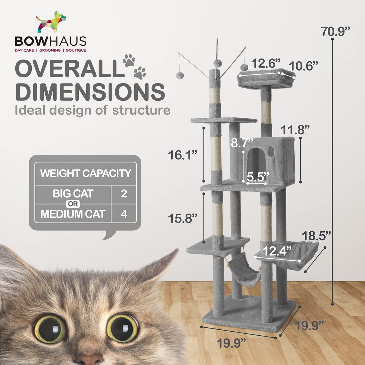 Caphaus Tall Cat Tree for Indoor Cats Modern Cute 70 Inch Climbing Play Tower with Top Perch for Large Kittens Multi Level Cat Activity Tree with Scratching Posts Hammock Cat Cave Condo