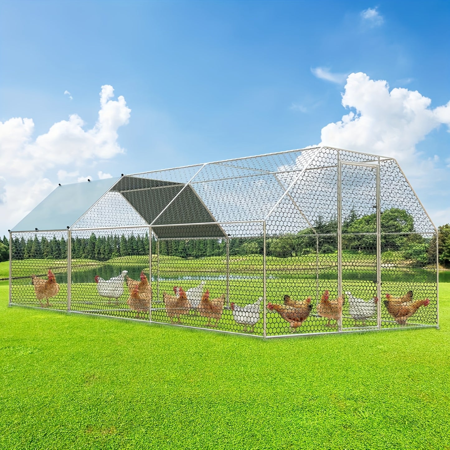 Large Metal Chicken Coop With Run Walk In Poultry Cage Dome Roofed Chicken Coops With Anti Ultraviolet Cover For Outdoor Backyard Farm