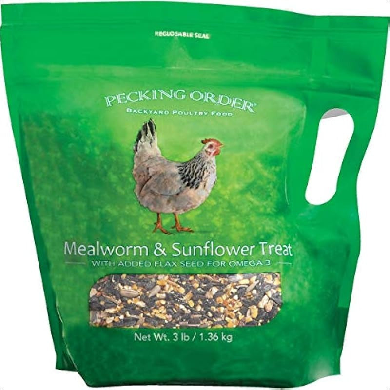 3 Pound Pecking Order Mealworm and Sunflower Treat for Chickens High Protein Poultry Snack with Omega Fats Added Flax Seed Dust Resistant Resealable Bag for Poultry Health and Egg Production Farm Supply Essentials