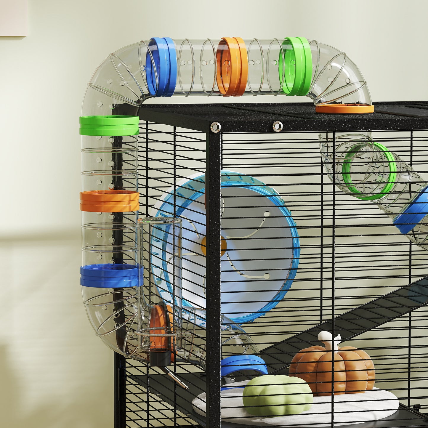 Hamster Cage with Deep Tray 3 Tier Rolling Rat Cage with Storage Shelf Big Exercise Wheel Tube System Hut Platforms Ramps Food Dish Water Bottle for Syrian Gerbil Mouse