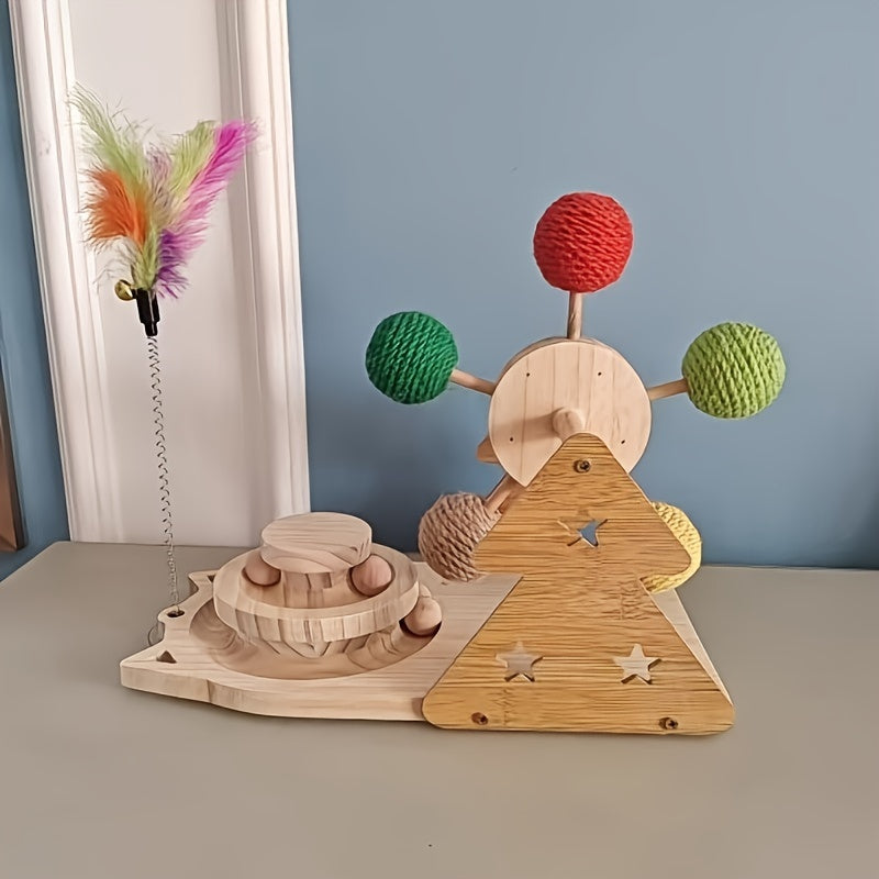 Interactive Wooden Cat Toy With Spinning Sisal Balls And Feather Teaser Multi-Functional Smart Exercise Playset For Cats