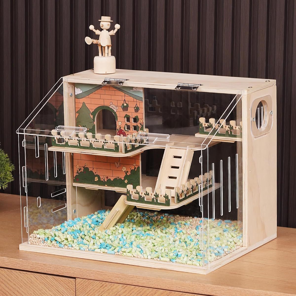 15.8 Inch 3 Tier Hamster Cage with Acrylic Top and Stairs Pastoral Style Small Animal Habitat for Mice and Hedgehogs Multi Level Ventilated Design Easy Clean Base and Accessories