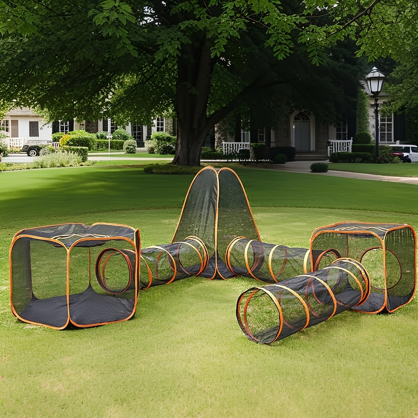 6 In 1 Foldable Pet Playpen With Tunnel And Tent For Cats And Dogs Outdoor Pop Up Cage Fence Black Fabric With Orange Accents Interactive Design For Indoor Outdoor Use