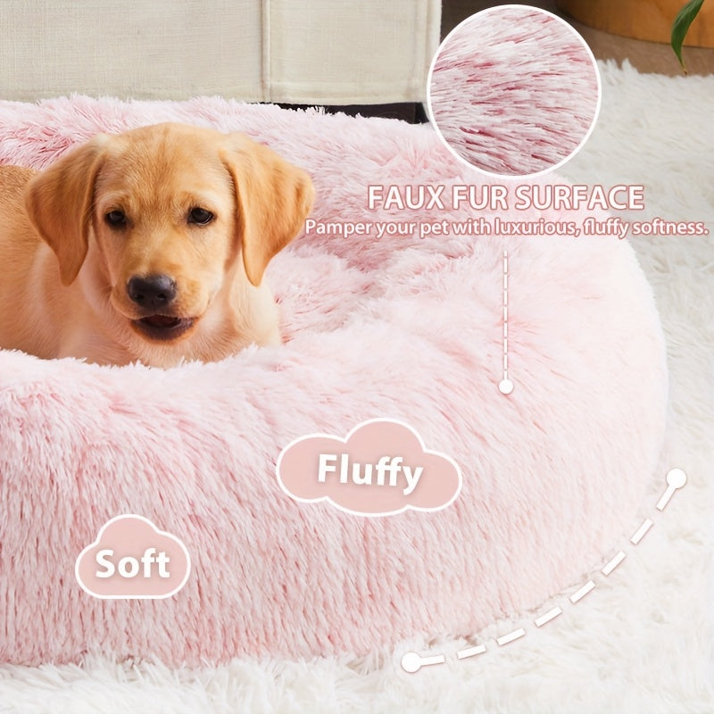 WNPETHOME Calming Anti-Anxiety Donut Dog Bed and Cat Cushion Fluffy Faux Fur Pet Bed with Non-Slip Bottom 4 Sizes for Small Medium and Large Dogs and Cats Pink Circular Design for All-Season Comfort