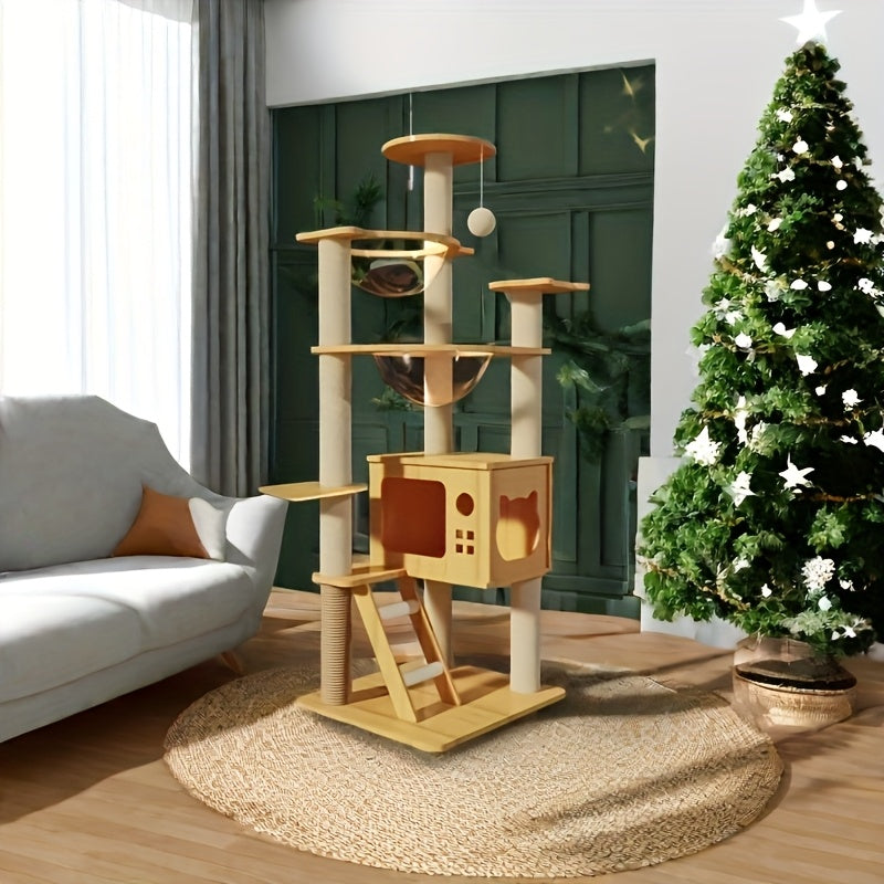51 Inch Modern Cat Tree With Acrylic Dome Wooden Cat Tower Multi Level Wood Cat Condo Round Top Perch Scratching Post