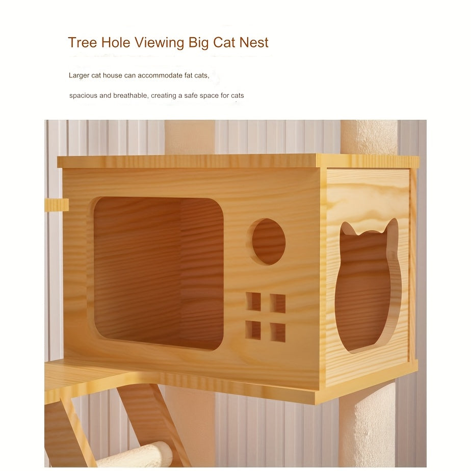 51 Inch Modern Cat Tree With Acrylic Dome Wooden Cat Tower Multi Level Wood Cat Condo Round Top Perch Scratching Post