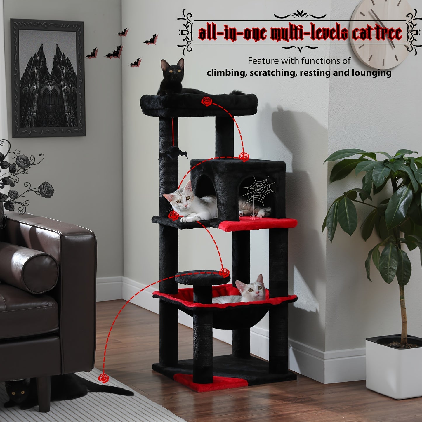 Tall Cat Tree 70.9 Inch Multi Level Activity Center For Indoor Cats With Metal Frame Large Hammock Dual Condo Houses And Scratching Posts