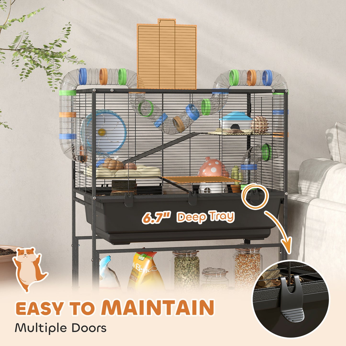 Hamster Cage with Deep Tray 3 Tier Rolling Rat Cage with Storage Shelf Big Exercise Wheel Tube System Hut Platforms Ramps Food Dish Water Bottle for Syrian Gerbil Mouse