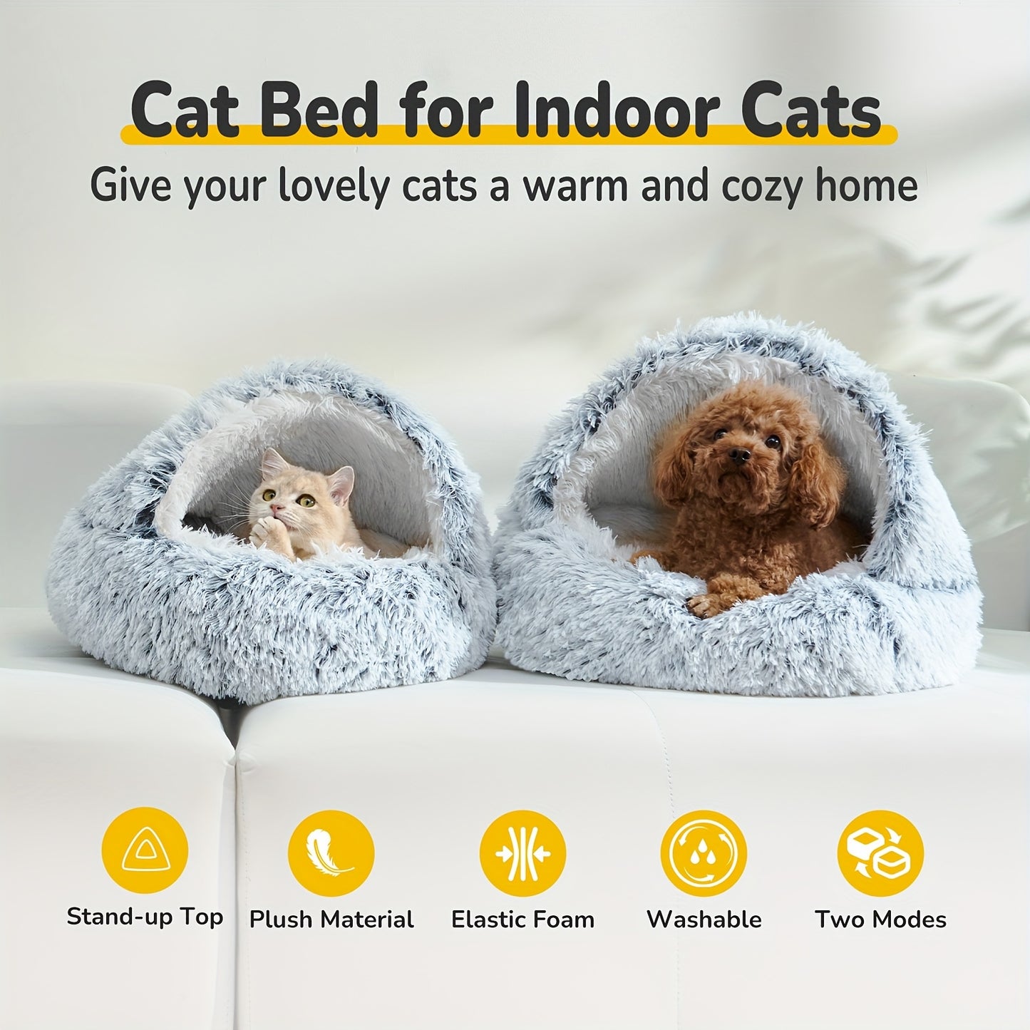 Catism 24x24 Inch Plush Pet Bed for Small Dogs and Cats Removable Washable Cover Non Slip Oxford Cloth Bottom Cozy Hooded Design Soft Plush and Sponge Padding Ideal for Indoor Use