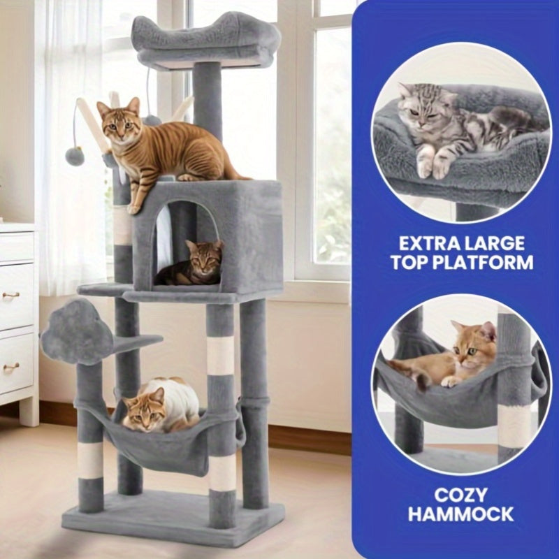 1pc YINTATECH Meowl Cat Tree Tower with Pompoms and Padded Platforms Multi Level Cat Condo with Scratching Posts and Hammock for Indoor Cats