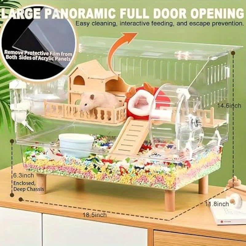 8 in 1 Acrylic Hamster Cage with All Accessories 2 Tier Transparent Habitat Top Open Detachable Design 18.5 x 11.8 x 14.6 Inch for Dwarf Hamsters Gerbils Mice Includes Wooden House Silent Wheel and Easy Assembly