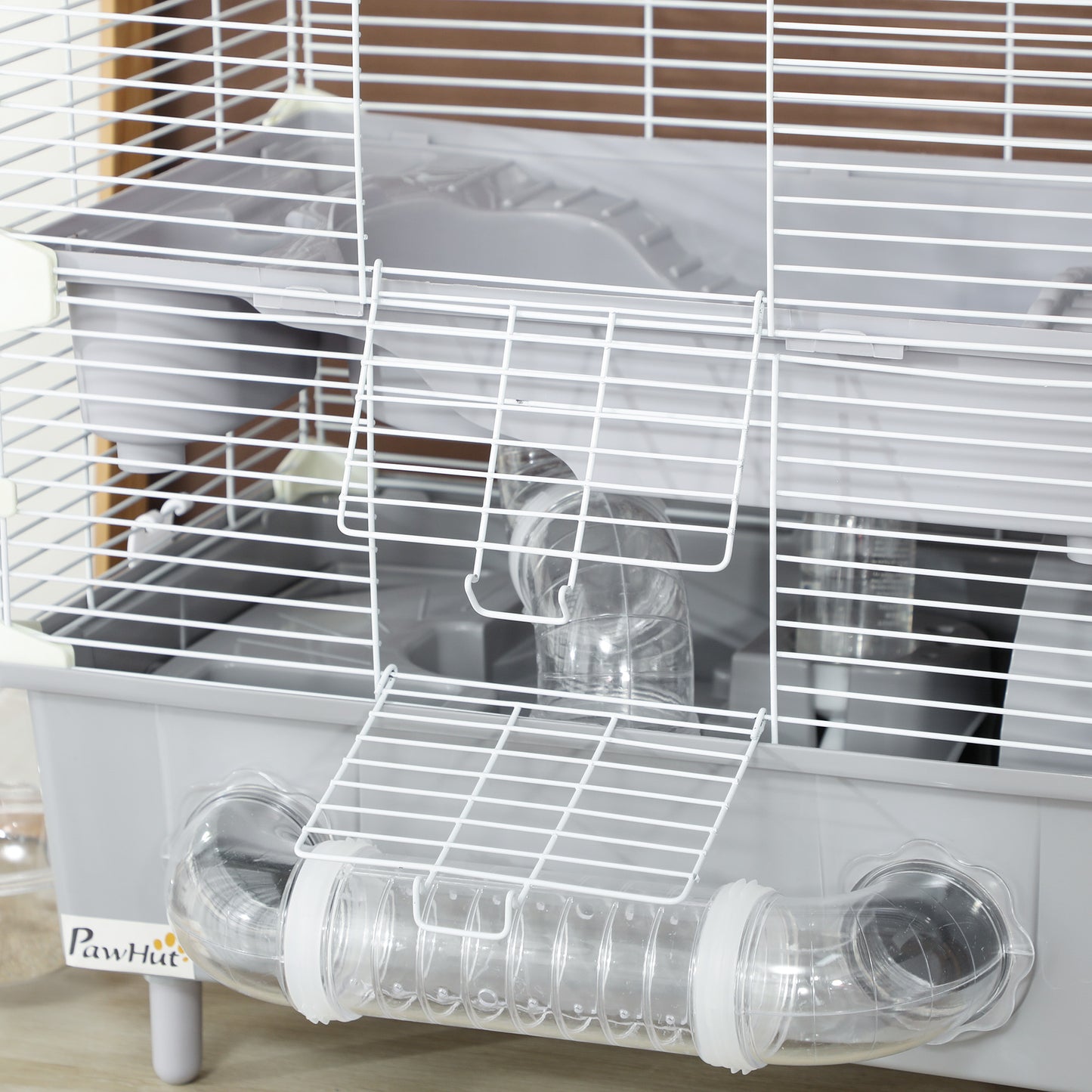 2 Tier Hamster Cage with Sand Bathroom Running Wheel Water Bottle Tubes Accessories Small Animal Cage 17.5 x 11 x 17 Gray