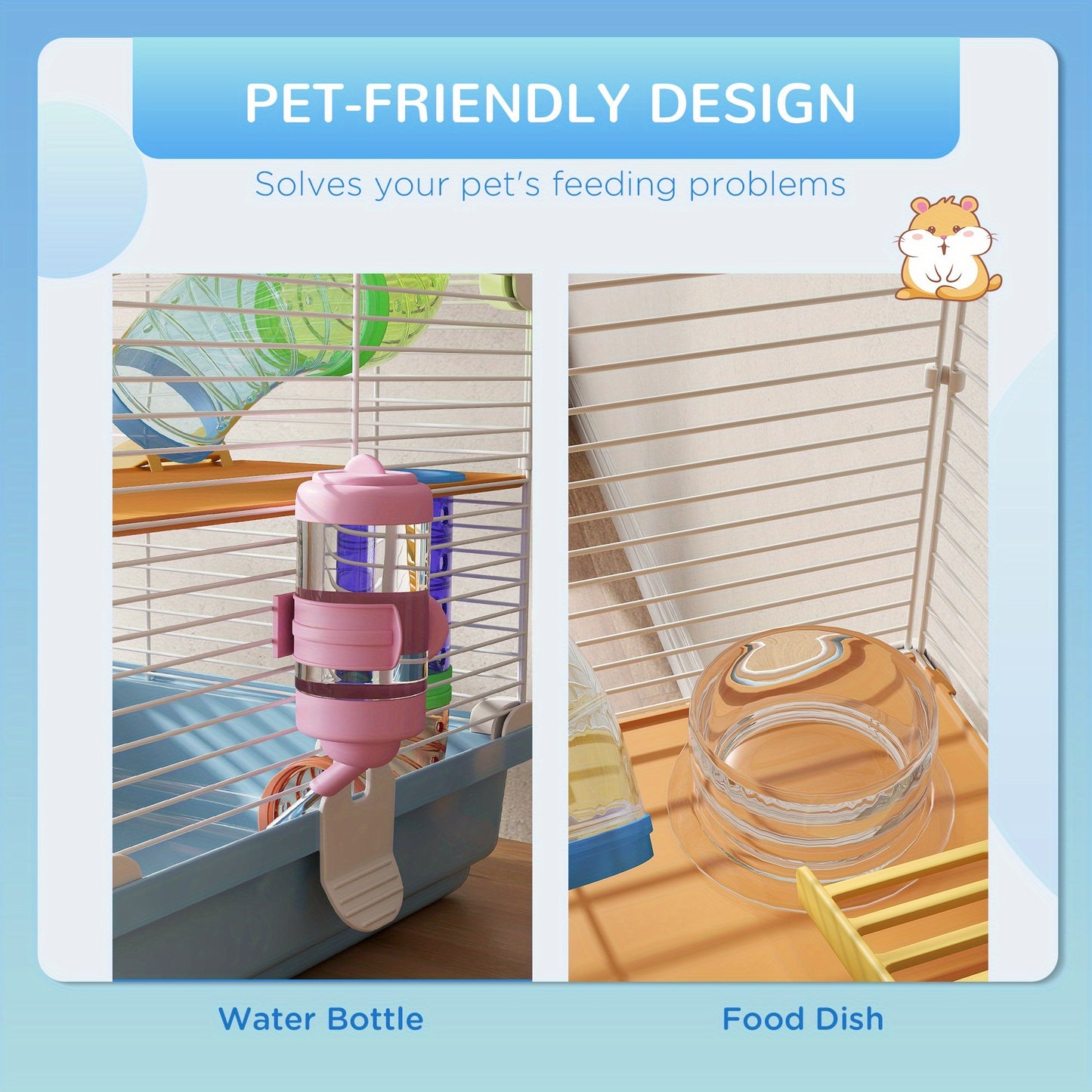PawHut 18 Inch 5 Tier Hamster Cage with Tubes and Tunnels Small Animal Cage with Portable Carry Handle Gerbil Cage with Water Bottle Food Dish Exercise Wheel Light Blue