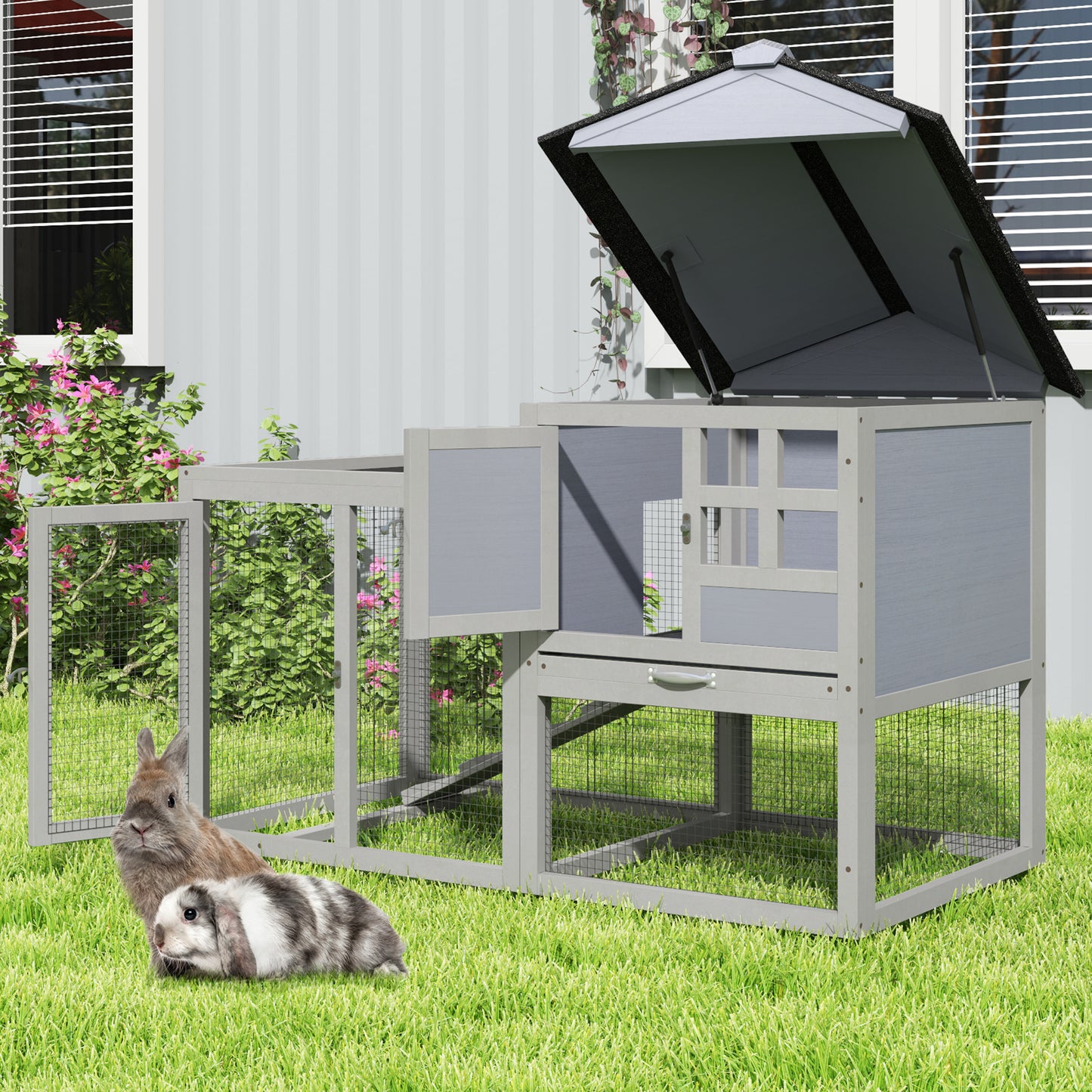 2-Tier Wood Rabbit Hutch with Removable Tray and Ramp