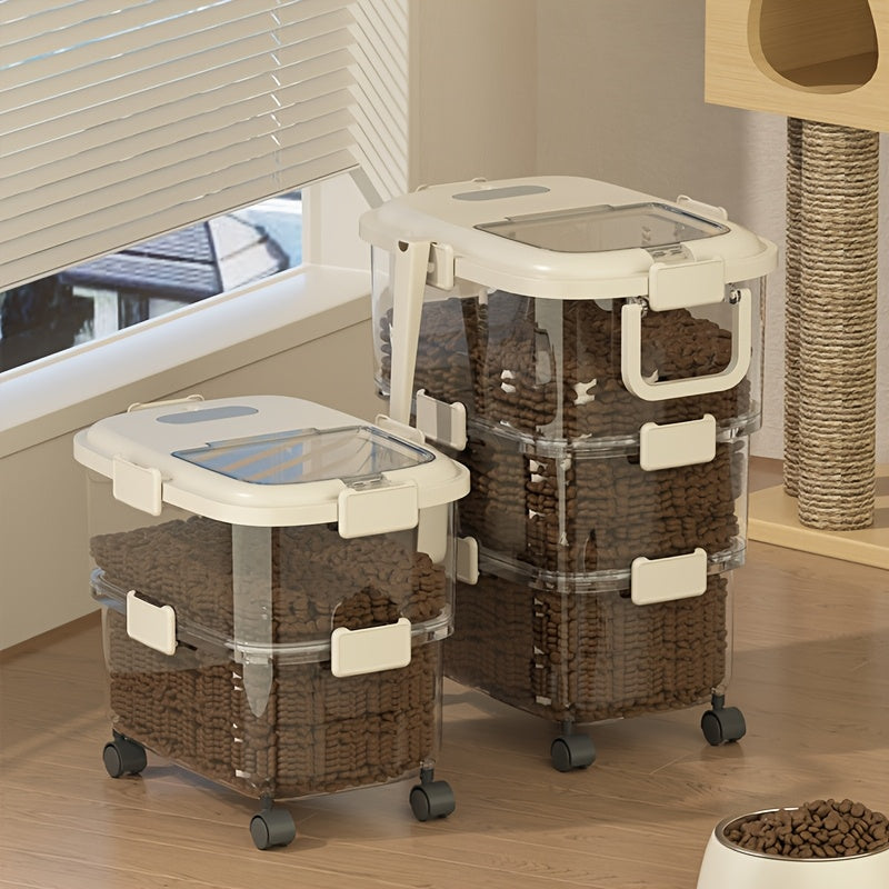 Durable Sealed Pet Food Storage Container with Wheels Moisture and Insect Proof Square Design with Transparent Lid for Dry Grains and Food Dispensing