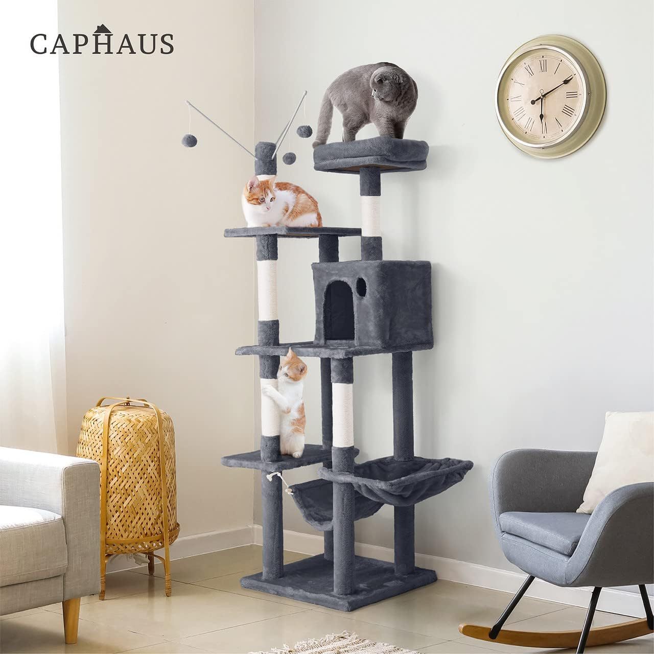 Caphaus Tall Cat Tree for Indoor Cats Modern Cute 70 Inch Climbing Play Tower with Top Perch for Large Kittens Multi Level Cat Activity Tree with Scratching Posts Hammock Cat Cave Condo
