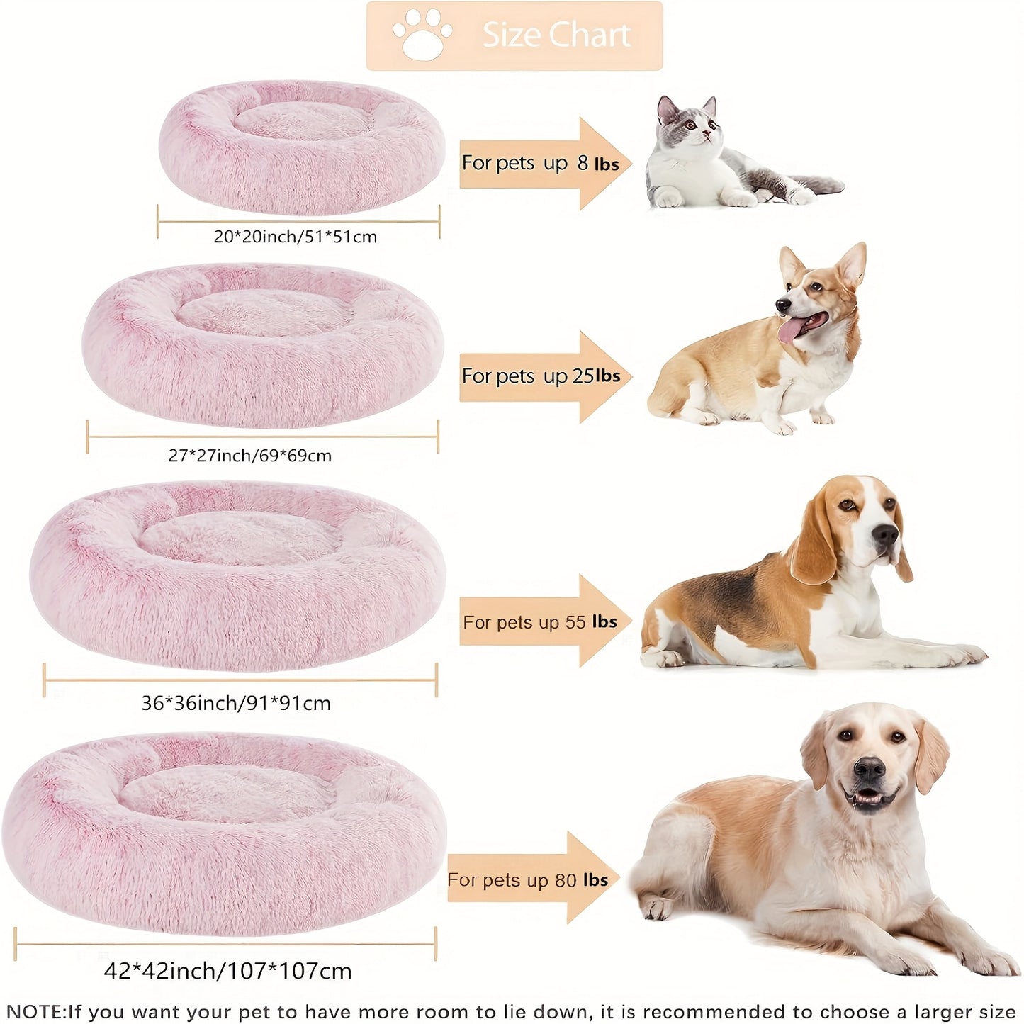 WNPETHOME Calming Anti-Anxiety Donut Dog Bed and Cat Cushion Fluffy Faux Fur Pet Bed with Non-Slip Bottom 4 Sizes for Small Medium and Large Dogs and Cats Pink Circular Design for All-Season Comfort