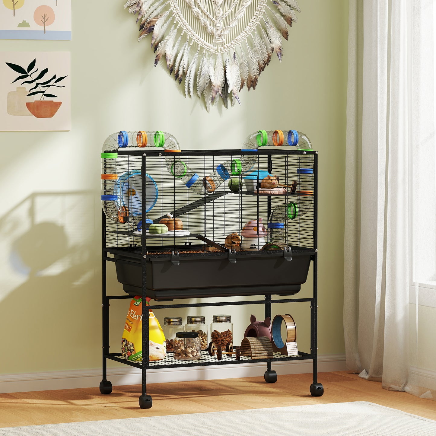Hamster Cage with Deep Tray 3 Tier Rolling Rat Cage with Storage Shelf Big Exercise Wheel Tube System Hut Platforms Ramps Food Dish Water Bottle for Syrian Gerbil Mouse