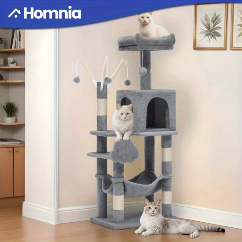 1pc YINTATECH Meowl Cat Tree Tower with Pompoms and Padded Platforms Multi Level Cat Condo with Scratching Posts and Hammock for Indoor Cats