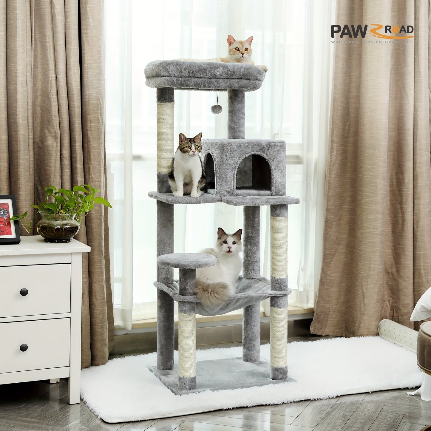 PAWZRoad Tall Cat Tree for Indoor Cats Grey Beige