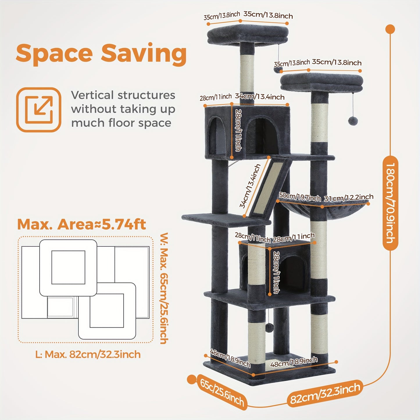 Tall Cat Tree 70.9 Inch Multi Level Activity Center For Indoor Cats With Metal Frame Large Hammock Dual Condo Houses And Scratching Posts
