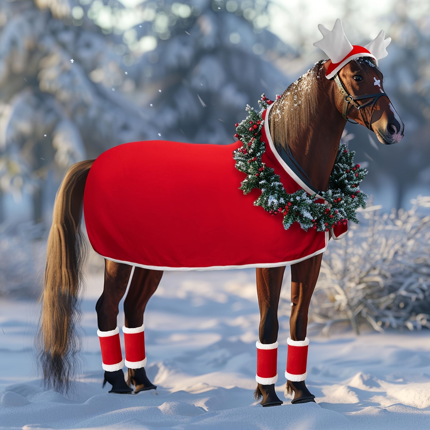 6 Pcs Horse New Year Outfit Velvet Horse Leg Covers Santa Cap Saddle Pad Festive Party Supplies