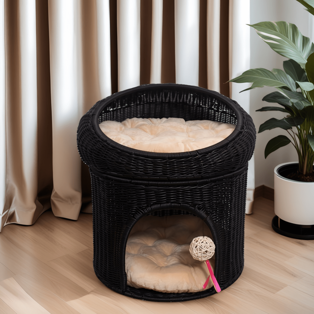 Washable Faux Rattan Double Layer Cat House with Removable Cushion Stain Resistant Elevated Cat Bed Two Story Villa Design for Indoor and Outdoor Use