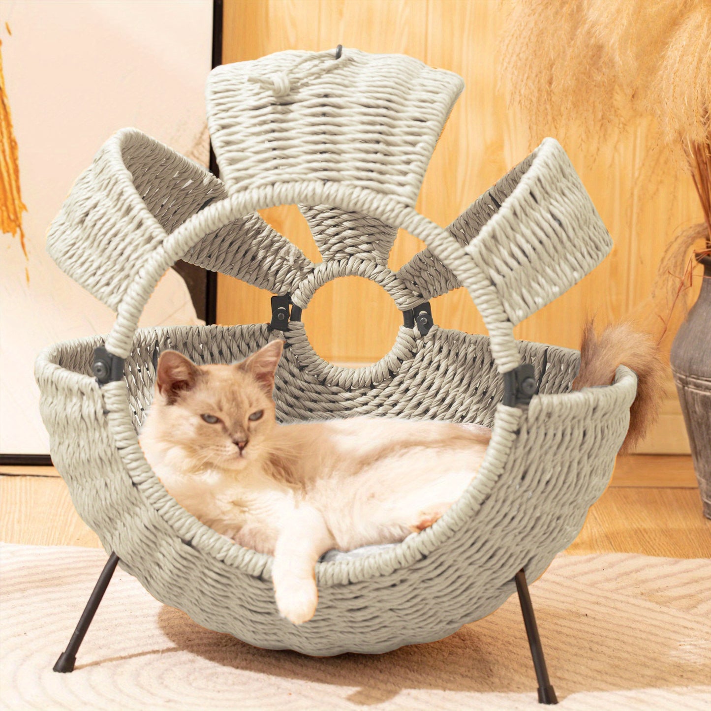 1pc Cozy Striped Rattan Cat House Large Indoor Outdoor Spherical Pet Bed with Cushion Durable Plastic Construction 20.5x20.5x14 Inches