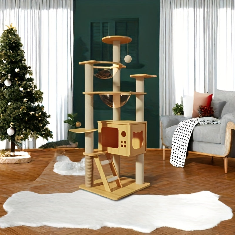 51 Inch Modern Cat Tree With Acrylic Dome Wooden Cat Tower Multi Level Wood Cat Condo Round Top Perch Scratching Post