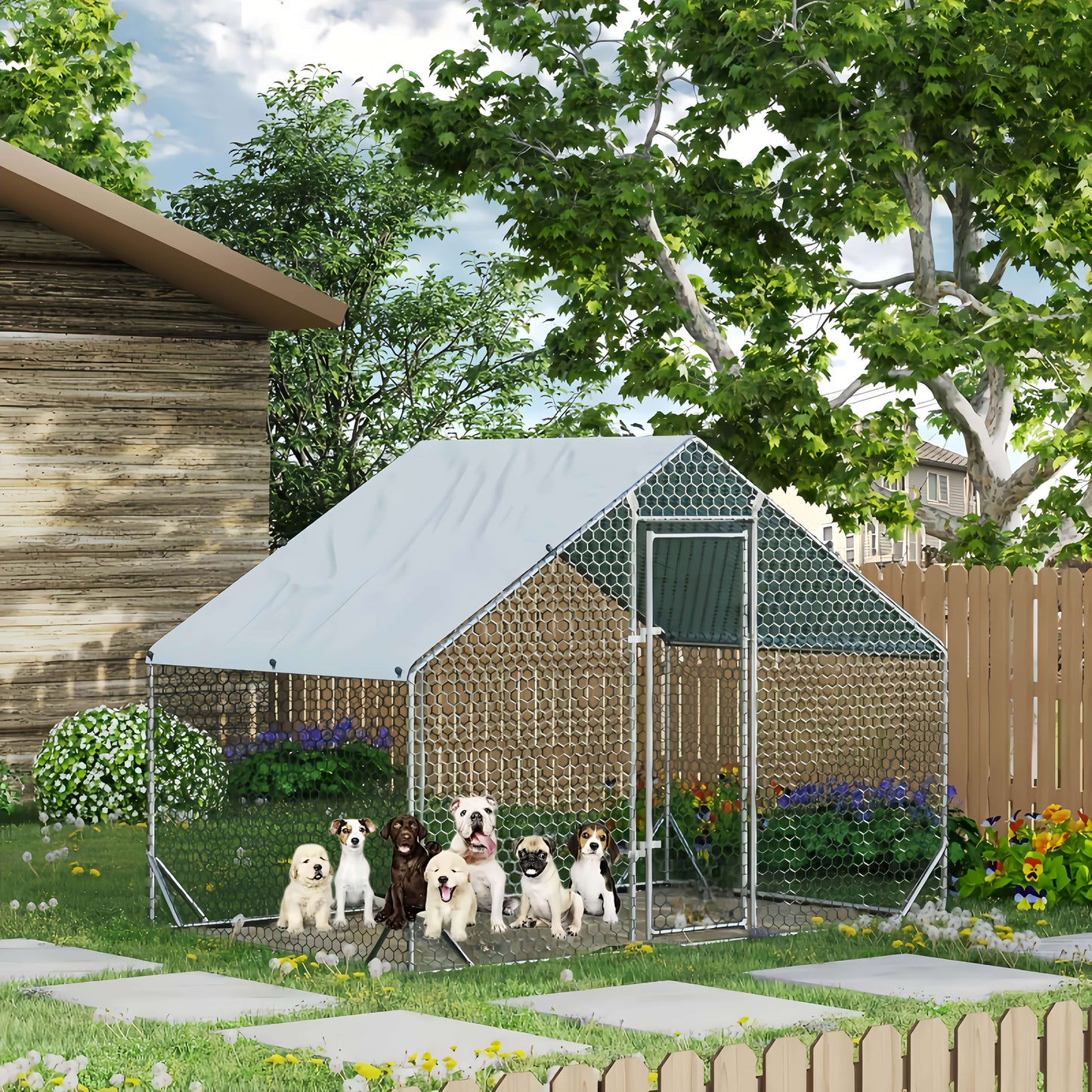 Large Metal Dog Cage and Chicken Coop with Walk-In Access Spire Roof and Anti-UV Cover Durable Outdoor Poultry Pen for Backyard Farm Small Animals Dogs Weather-Resistant Design