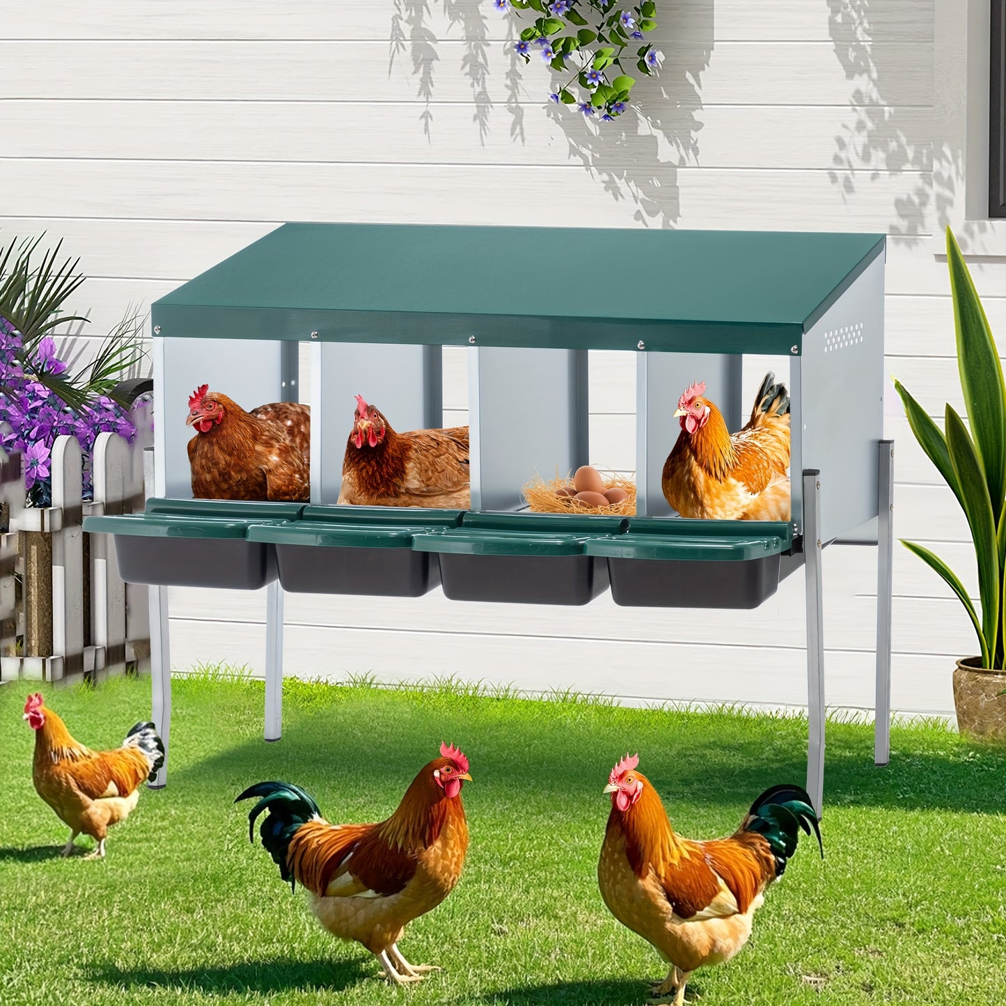 Chicken Nesting Box for Laying Eggs Roll Out Metal Laying Box with Perch and Legs