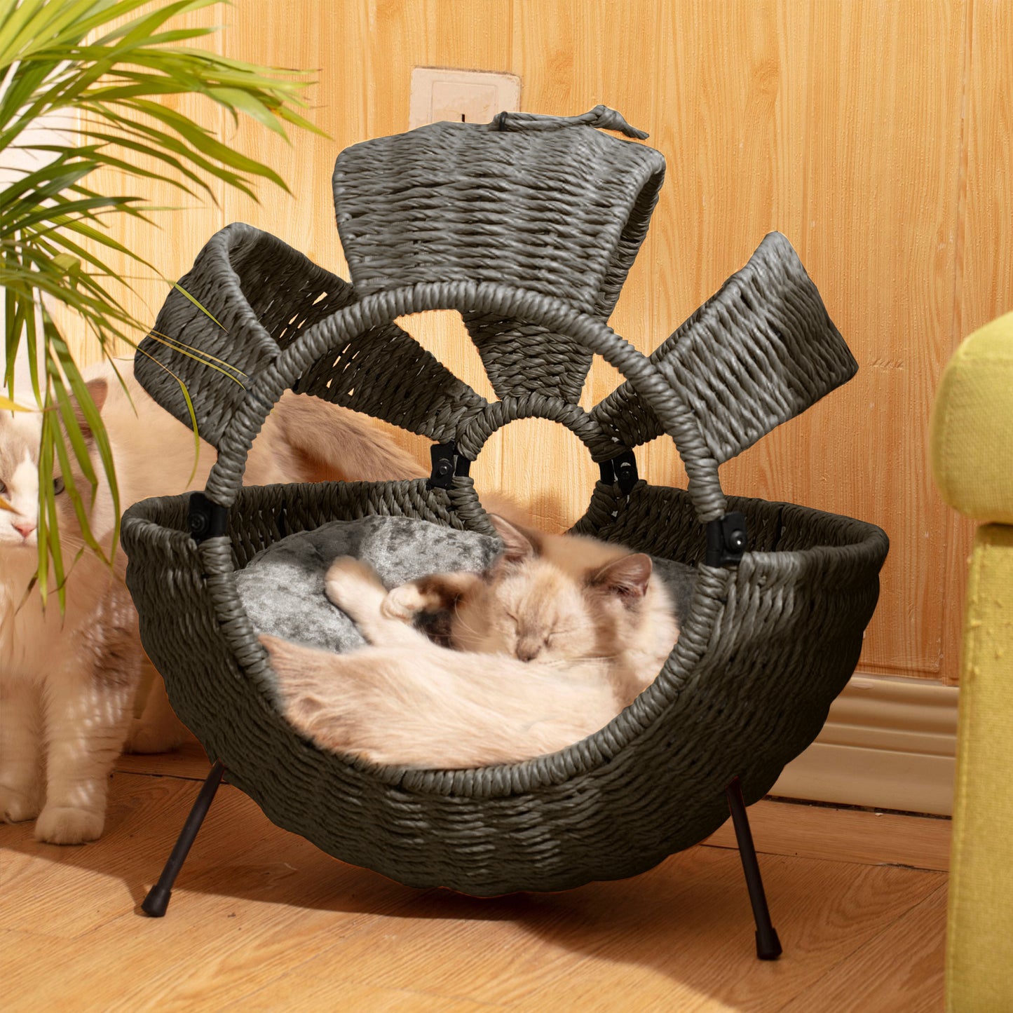 1pc Cozy Striped Rattan Cat House Large Indoor Outdoor Spherical Pet Bed with Cushion Durable Plastic Construction 20.5x20.5x14 Inches