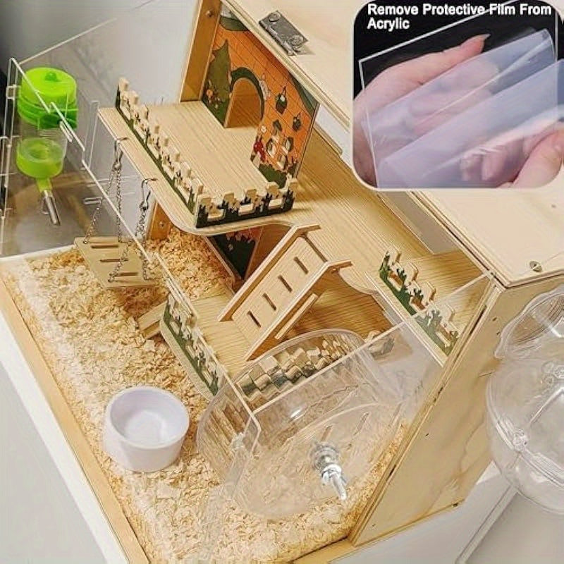 11 In 1 Hamster Cage with Wheel Swing Stairs Fence 3 Tier Large Habitat Heavy Duty Wooden and Acrylic Construction Spacious 15.8 Inch Small Pet House for Hamsters Mice Dwarf Hamsters and Hedgehogs Easy Assembly and Cleaning