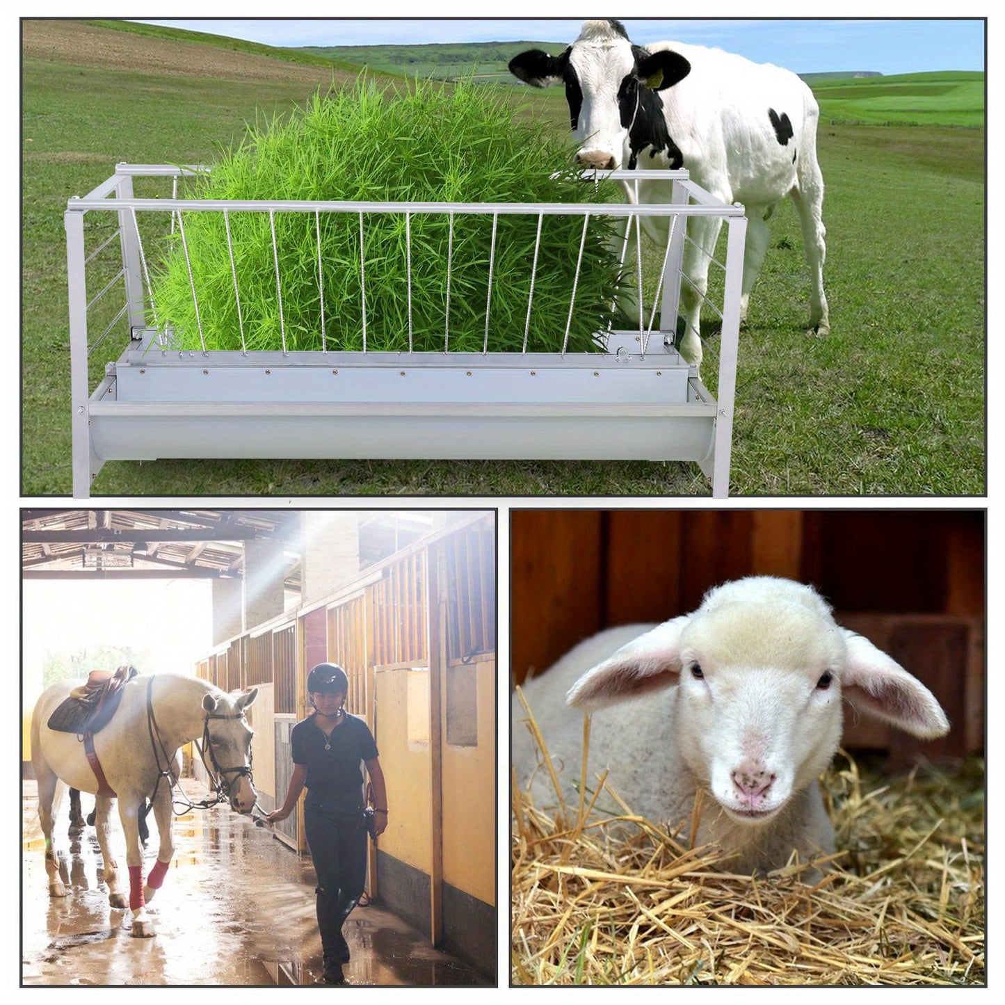 Heavy Duty Silvery Metal Livestock Feeder with Deep Pan Large Capacity Easy Clean Hay Rack for Goats Sheep and Miniature Horses