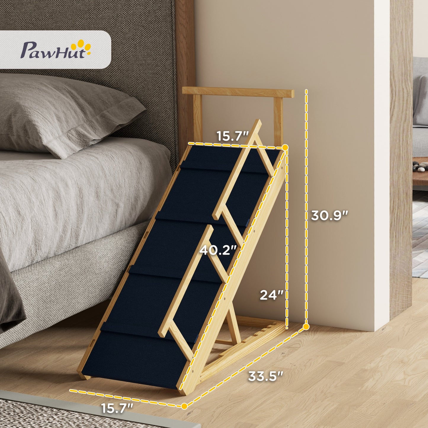 PawHut Adjustable Dog Ramp Foldable Wooden Pet Stairs with Non-Slip Mat for Small to Large Dogs Natural Wood Finish