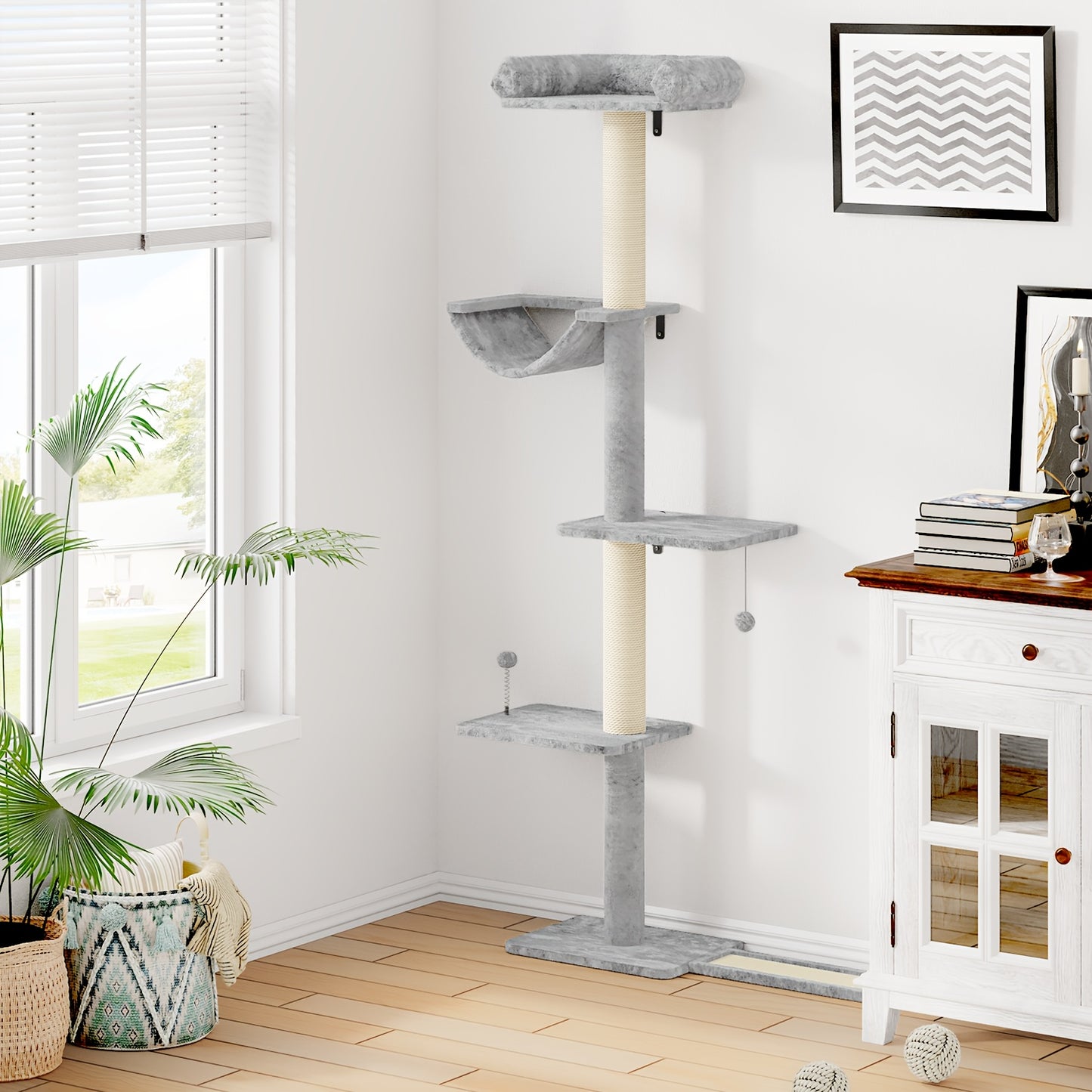 Cat Scratching Post Indoor Cat Tree Tower Multi Layer Cat Furniture Activity Center Comfortable Bed Interactive Ball Toy Wall Mounted Cat
