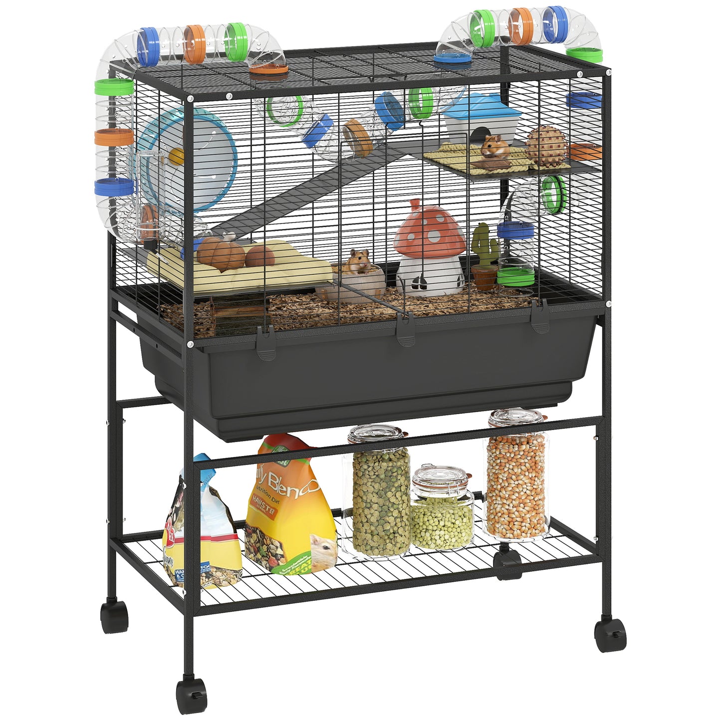Hamster Cage with Deep Tray 3 Tier Rolling Rat Cage with Storage Shelf Big Exercise Wheel Tube System Hut Platforms Ramps Food Dish Water Bottle for Syrian Gerbil Mouse