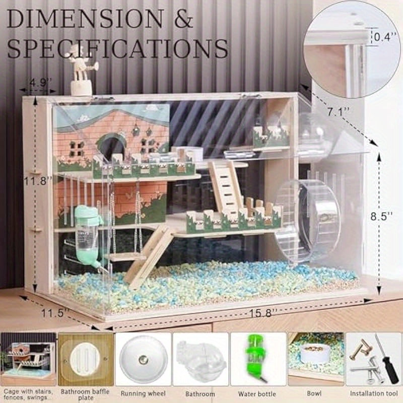 11 In 1 Hamster Cage with Wheel Swing Stairs Fence 3 Tier Large Habitat Heavy Duty Wooden and Acrylic Construction Spacious 15.8 Inch Small Pet House for Hamsters Mice Dwarf Hamsters and Hedgehogs Easy Assembly and Cleaning