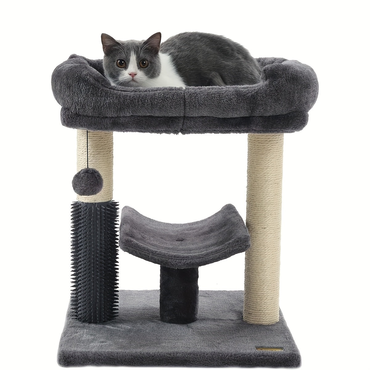 Multi Level Cat Tree Tower with Scratching Posts Plush Perch and Dangling Ball Indoor Activity Center for Cats Gray and Beige Design Durable Polyester Material