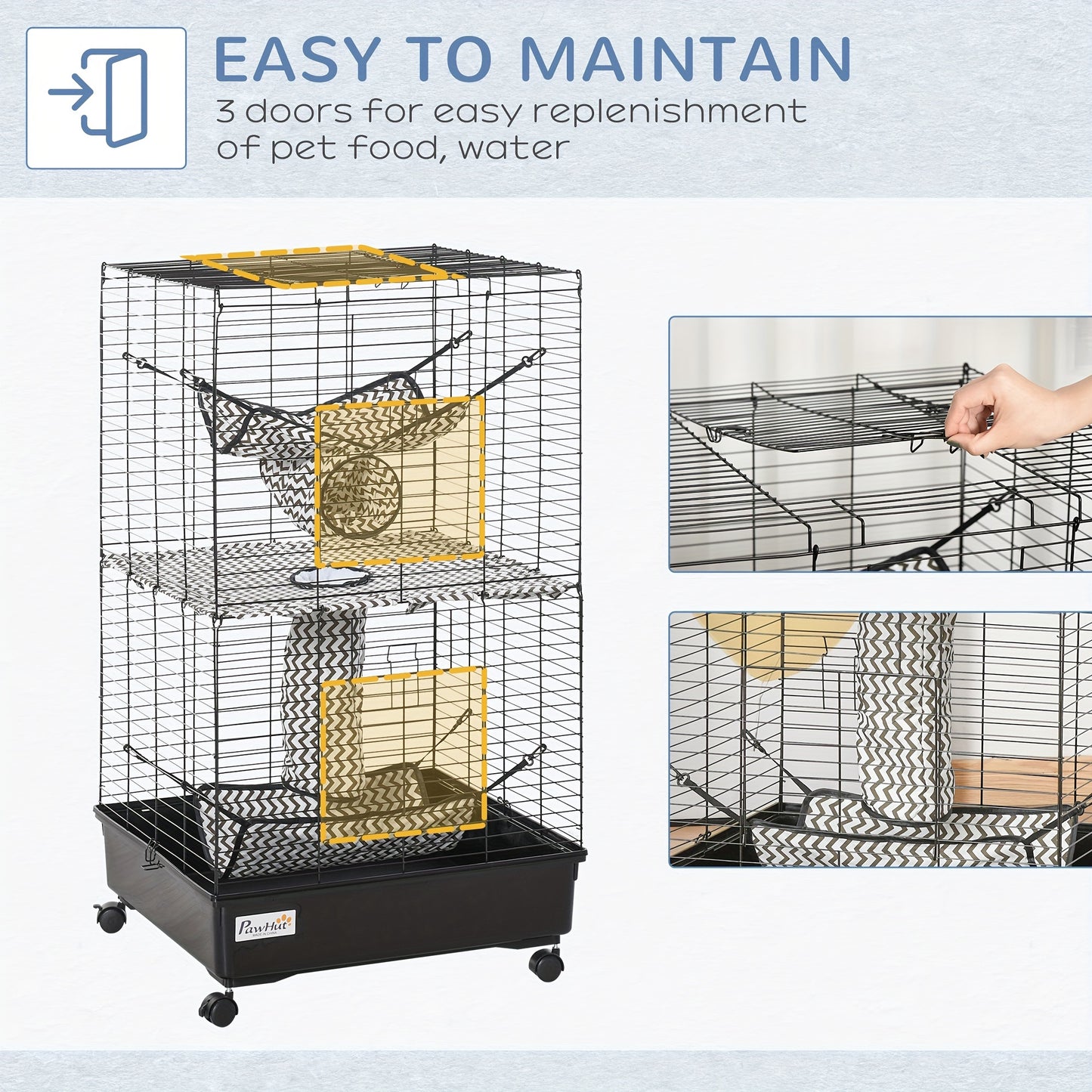 PawHut 42" Ferret Cage with Wheels and Hammocks, Black